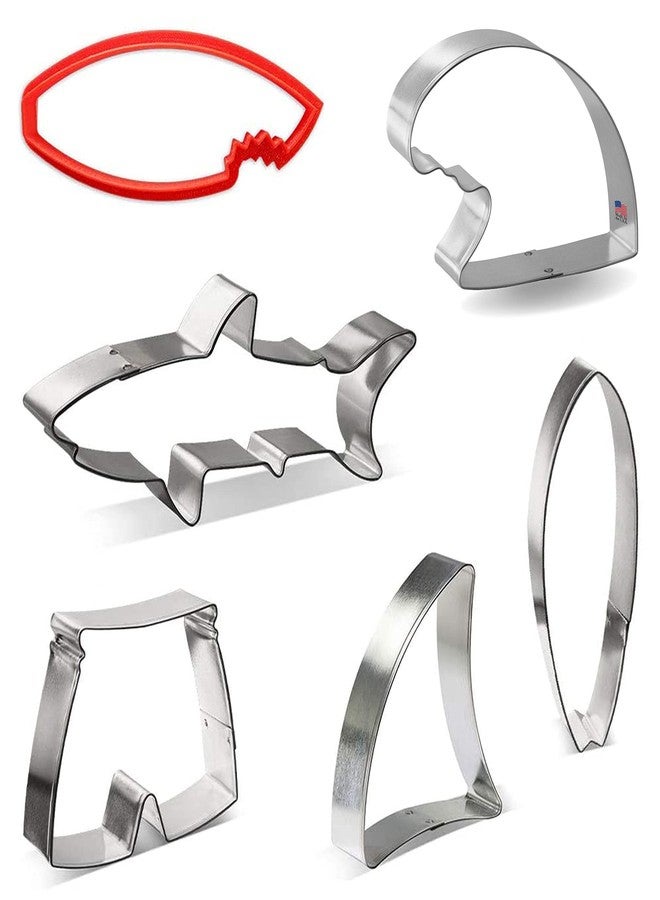 CookieCutter.com مجموعة قوالب تقطيع البسكويت "سيرفس أب" مكونة من 6 قطع - سمكة قرش، زعنفة قرش، لوح تزلج، لوح تزلج مع عضة، سروال سباحة، موجة، وبطاقة وصفة. قوالب تقطيع البسكويت مصنوعة يدويًا في الولايات المتحدة الأمريكية من الفولاذ المطلي بالقصدير. - Image 4