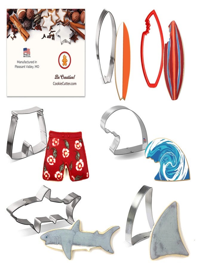 CookieCutter.com مجموعة قوالب تقطيع البسكويت "سيرفس أب" مكونة من 6 قطع - سمكة قرش، زعنفة قرش، لوح تزلج، لوح تزلج مع عضة، سروال سباحة، موجة، وبطاقة وصفة. قوالب تقطيع البسكويت مصنوعة يدويًا في الولايات المتحدة الأمريكية من الفولاذ المطلي بالقصدير. - Image 1