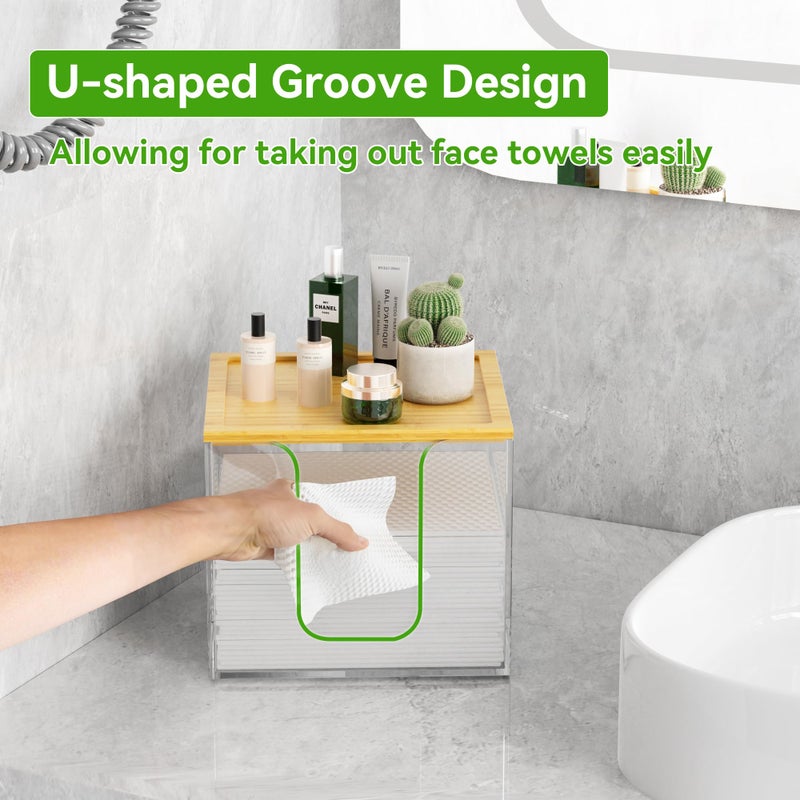 VITVITI Disposable Face Towel Holder Box, Acrylic Facial Towel Container for XL Clean Skin Club, Large Disposable Face Towels Storage with Bamboo Lid, for Bathroom, Vanity Makeup, Clear - Image 2
