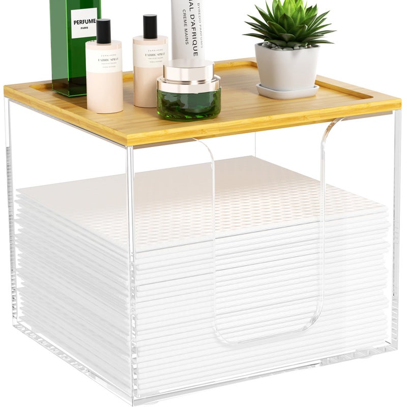 VITVITI Disposable Face Towel Holder Box, Acrylic Facial Towel Container for XL Clean Skin Club, Large Disposable Face Towels Storage with Bamboo Lid, for Bathroom, Vanity Makeup, Clear - Image 1