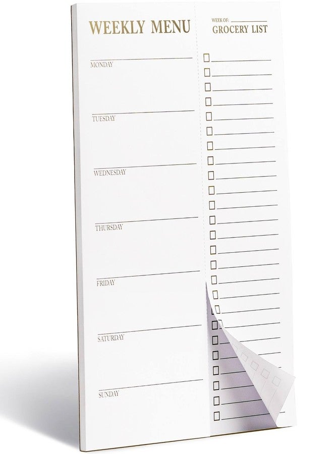 Paperell White Magnetic Meal Planner Notepad & Tear Off Weekly Grocery List for Fridge - Grocery Shopping List Notepad - Dinner List for Refrigerator - White and Gold Metalic Planner with 52 Sheets - 7 x 10 Inch - Image 1