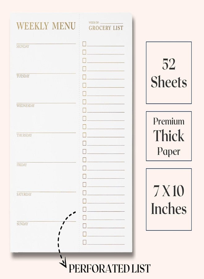 Paperell White Magnetic Meal Planner Notepad & Tear Off Weekly Grocery List for Fridge - Grocery Shopping List Notepad - Dinner List for Refrigerator - White and Gold Metalic Planner with 52 Sheets - 7 x 10 Inch - Image 5