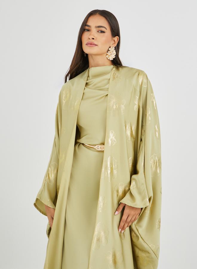 ستايلي فستان عباية ماكسي ستان باكمام على شكل كاب وطبعة وياقة درابيه مع حزام - Image 3