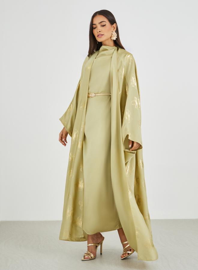 ستايلي فستان عباية ماكسي ستان باكمام على شكل كاب وطبعة وياقة درابيه مع حزام - Image 2