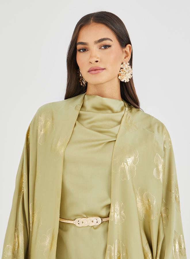 ستايلي فستان عباية ماكسي ستان باكمام على شكل كاب وطبعة وياقة درابيه مع حزام - Image 4