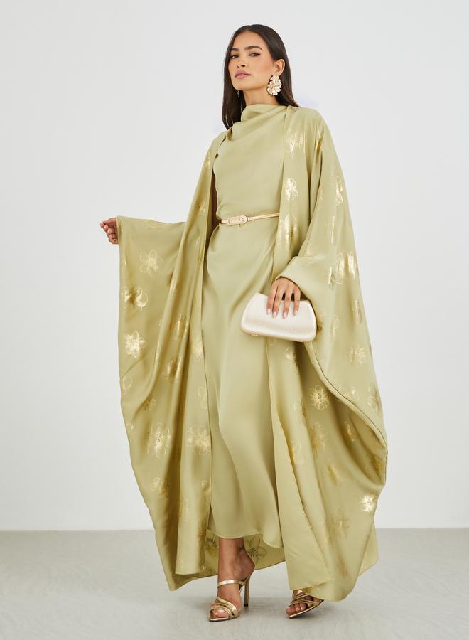 ستايلي فستان عباية ماكسي ستان باكمام على شكل كاب وطبعة وياقة درابيه مع حزام - Image 1