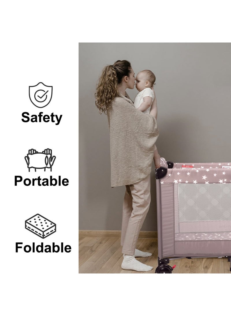 Baby Travel Crib Playpen - Foldable Bassinet with Toys Organizer Storage Bag, Carrying Travel Bag Mosquito Net