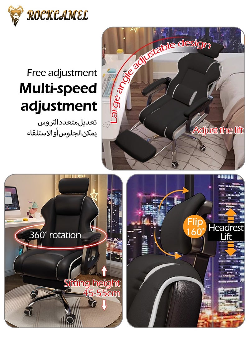ROCKCAMEL كرسي ألعاب وكرسي كمبيوتر وكرسي مكتب مع مسند قدم قابل للسحب، بطانة لاتكس عالية الارتداد، جلد بولي يوريثين، تصميم مريح مع دعم قطني ورقبي، قاعدة فولاذية، مناسب للمنزل أو المكتب  - Image 5