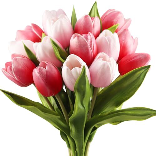 Buart Artificial Tulip in Bulk for Home Kitchen Wedding Bridal BouquetFake Flowers for Valentines Day Mothers Day Easter Table Centerpieces DecorationsLarge SizeMulti PinkRealTouch12pcs - Image 1