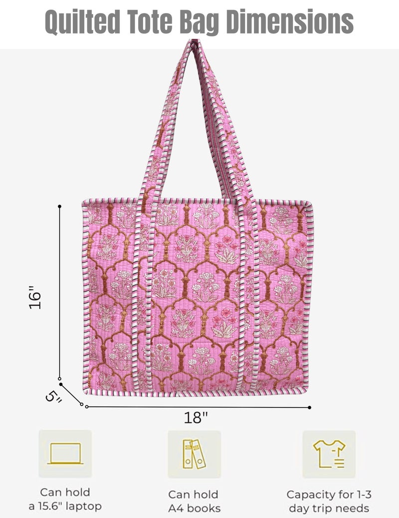 Third Eye Export 100% Cotton Quilted Tote Bag 18x16â€“ Large Zipper Beach Bag & Travel Bag Pink Purse Reusable Grocery Bags (Violet Kiss Georgia Clay Floral Print) - Image 5