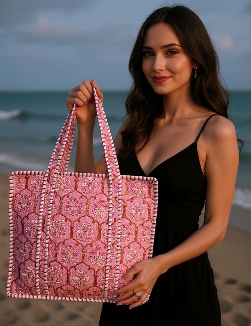 Third Eye Export 100% Cotton Quilted Tote Bag 18x16â€“ Large Zipper Beach Bag & Travel Bag Pink Purse Reusable Grocery Bags (Violet Kiss Georgia Clay Floral Print) - Image 2
