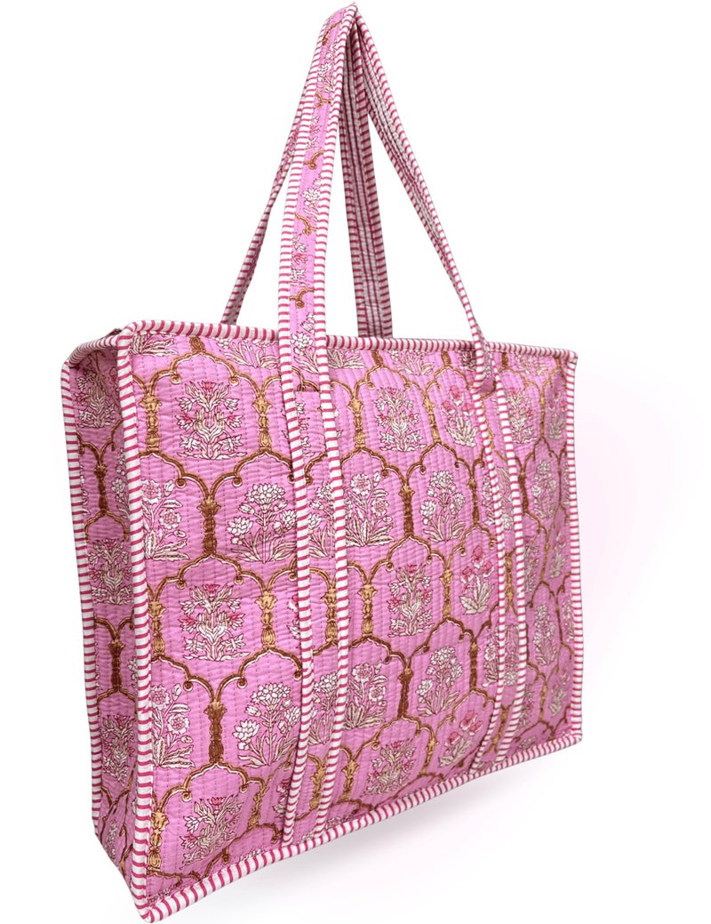 Third Eye Export 100% Cotton Quilted Tote Bag 18x16â€“ Large Zipper Beach Bag & Travel Bag Pink Purse Reusable Grocery Bags (Violet Kiss Georgia Clay Floral Print) - Image 1