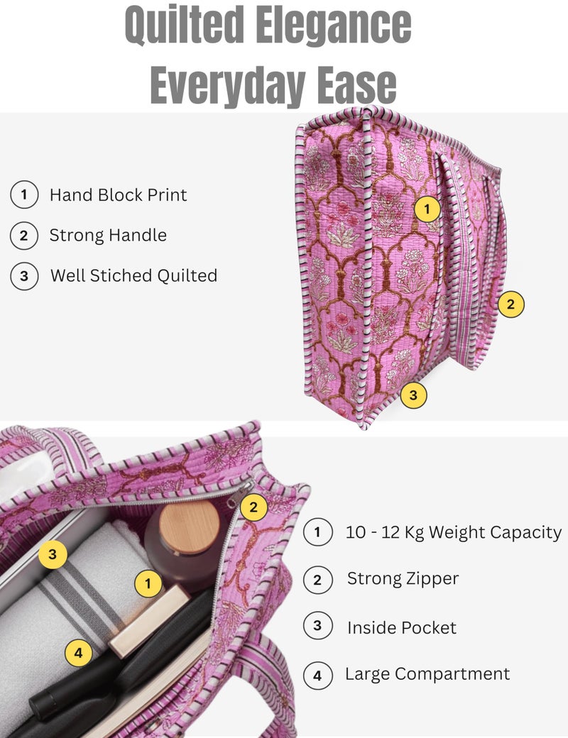 Third Eye Export 100% Cotton Quilted Tote Bag 18x16â€“ Large Zipper Beach Bag & Travel Bag Pink Purse Reusable Grocery Bags (Violet Kiss Georgia Clay Floral Print) - Image 4