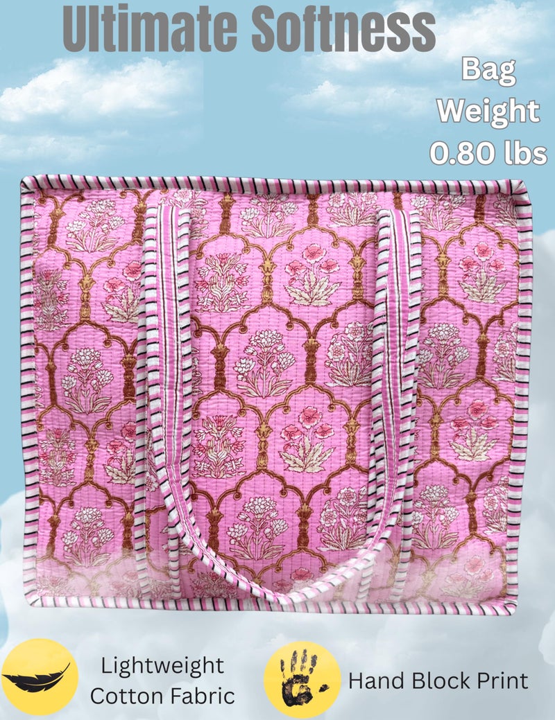 Third Eye Export 100% Cotton Quilted Tote Bag 18x16â€“ Large Zipper Beach Bag & Travel Bag Pink Purse Reusable Grocery Bags (Violet Kiss Georgia Clay Floral Print) - Image 3