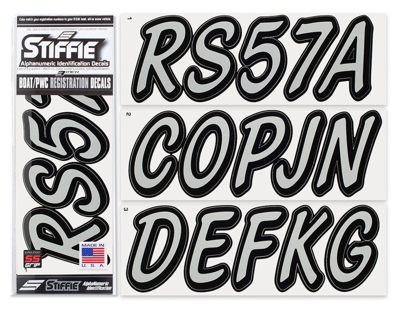 Stiffie أرقام تسجيل تسجيل أبجدية رقمية من Whipline باللون الفضي/الأسود الصلب، ملصقات القوارب والقوارب الشخصية - Image 1