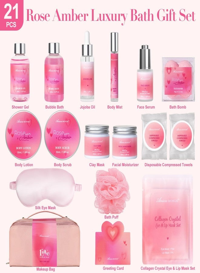 ArioseMonde Mothers Day Birthday Gifts for Women, 21 Pcs Rose Amber Scented Spa Gift Baskets, Self Care Bath & Body Facial Skincare Gift Set, Relaxing Home Spa Kit for Mom Her Friend Sister Wife Girlfriend - Image 2