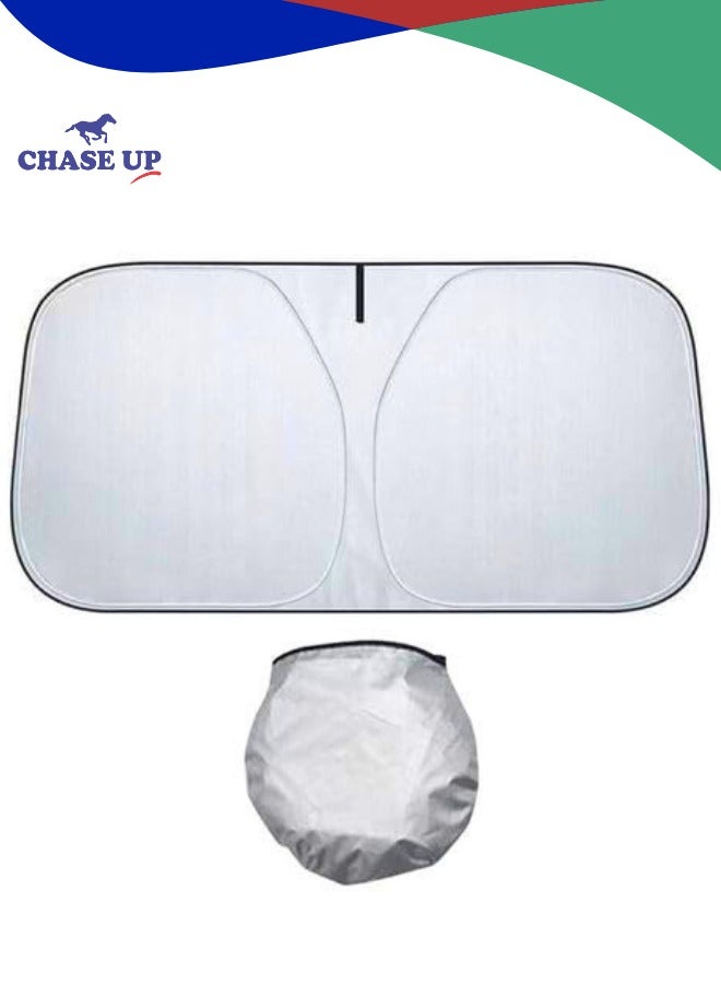 تشيس اب مظلة شمسية قابلة للطي للزجاج الأمامي للسيارة، فضية اللون مع حقيبة تخزين، مظلة شمسية عاكسة للزجاج الأمامي، نافذة أمامية للسيارة تحجب الأشعة فوق البنفسجية وحماية من حرارة الشمس، تحافظ على برودة السيارة، 145×80 سم - Image 1