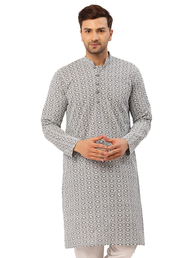 Jompers Men's Embroidered Pure Cotton Kurta. (Grey, M) - Image 1