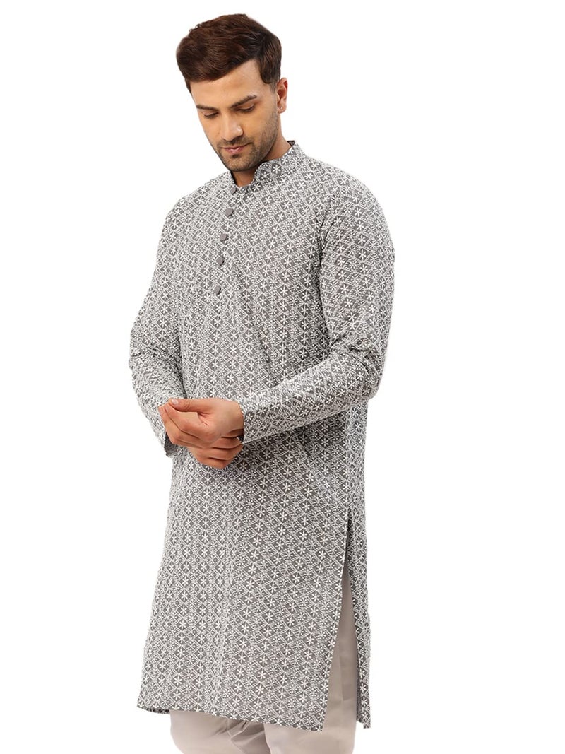 Jompers Men's Embroidered Pure Cotton Kurta. (Grey, M) - Image 3