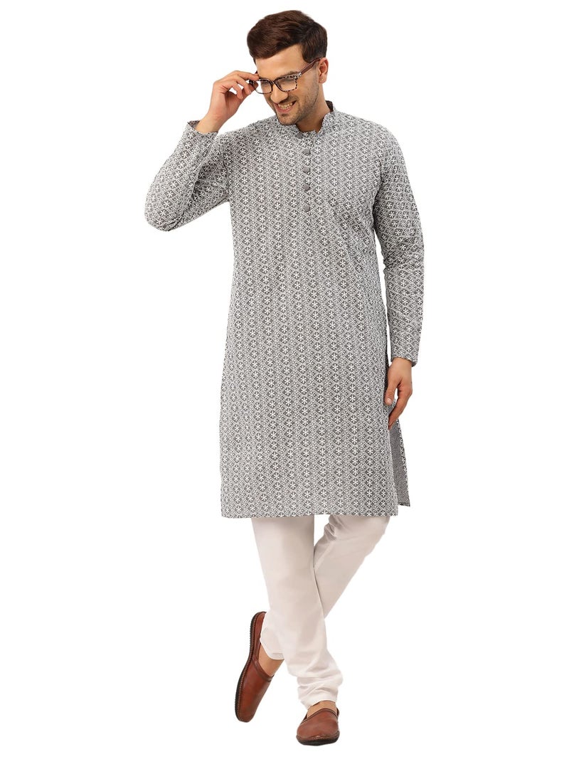 Jompers Men's Embroidered Pure Cotton Kurta. (Grey, M) - Image 4