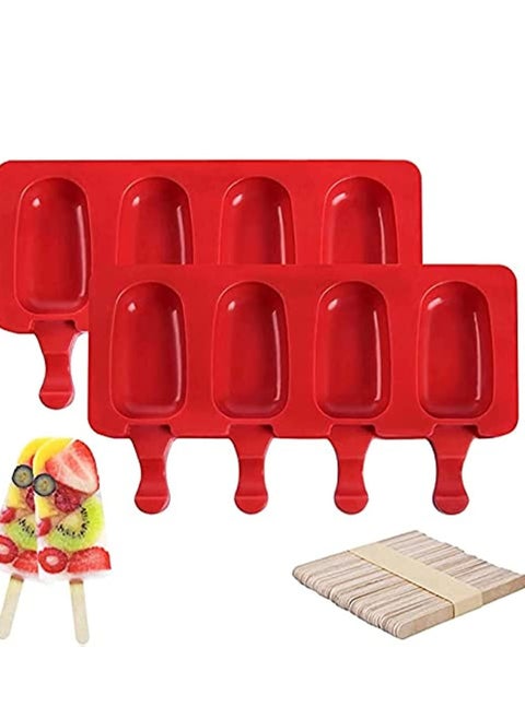 2 Pack Silicone Popsicle Moulds, Reusable 4 Cavities Homemade Ice Pop Moulds Red Oval, cake pop moulds with 40 Wooden Sticks for DIY Ice Popsicle, Easy Release Ice Pop Moulds