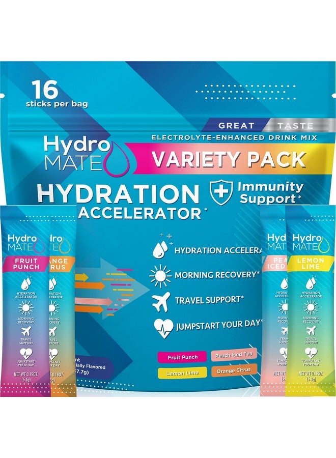 NatureWorks HydroMATE Electrolytes Powder Packets Low Carb Hydration Accelerator Drink Mix Party Relief Plus Vitamin C Variety Pack 16 Sticks - Image 1