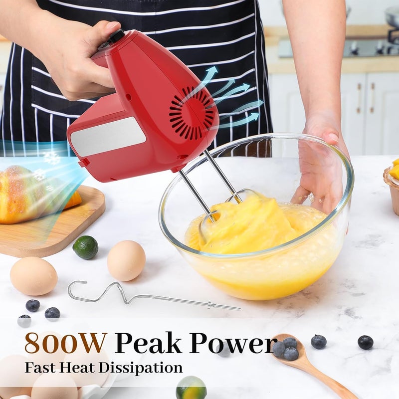 CHIDOLL 5-Speed Electric Hand Mixer, 800W Handheld Mixer with Turbo for Baking & Cooking, Kitchen Food Mixer with Storage Case & 6 Stainless Steel Attachments (2 Beaters, 2 Dough Hooks, 2 Whisks)-Red - Image 2