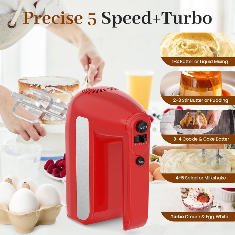 CHIDOLL 5-Speed Electric Hand Mixer, 800W Handheld Mixer with Turbo for Baking & Cooking, Kitchen Food Mixer with Storage Case & 6 Stainless Steel Attachments (2 Beaters, 2 Dough Hooks, 2 Whisks)-Red - Image 3