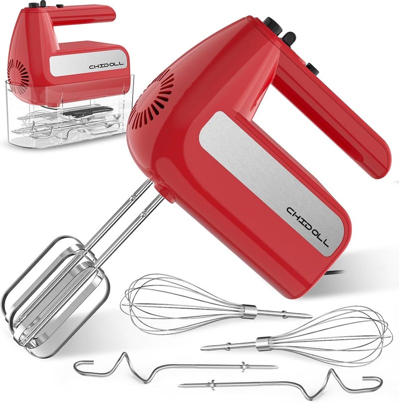 CHIDOLL 5-Speed Electric Hand Mixer, 800W Handheld Mixer with Turbo for Baking & Cooking, Kitchen Food Mixer with Storage Case & 6 Stainless Steel Attachments (2 Beaters, 2 Dough Hooks, 2 Whisks)-Red - Image 1