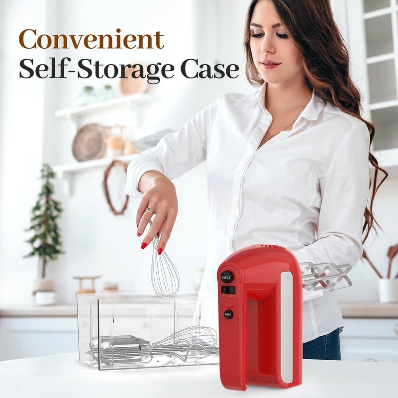 CHIDOLL 5-Speed Electric Hand Mixer, 800W Handheld Mixer with Turbo for Baking & Cooking, Kitchen Food Mixer with Storage Case & 6 Stainless Steel Attachments (2 Beaters, 2 Dough Hooks, 2 Whisks)-Red - Image 4