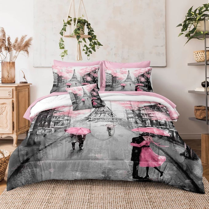 PINK PARIS COMFORTER SET KING SIZE 8 PIECES BED IN A BAG SWEET COUPLE LOVERS PINK FLOWERS DESIGN BEDDING WITH 1 COMFORTER 4 PILLOWCASES 1 FLAT SHEET 1 FITTED SHEET 1 CUSHION COVER