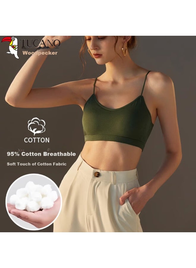 WOODPECKER Wood Women's Pure Cotton Cross Back Thin Padded Bra Vest Camisole Small Chest Push-up Tube Top Green XL - Image 1