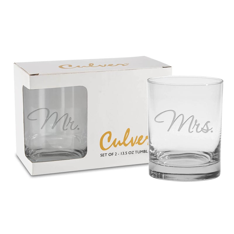 Culver Mr  Mrs Deep Etched DOF Double Old Fashioned Glasses 135Ounce Gift Boxed Set of 2
