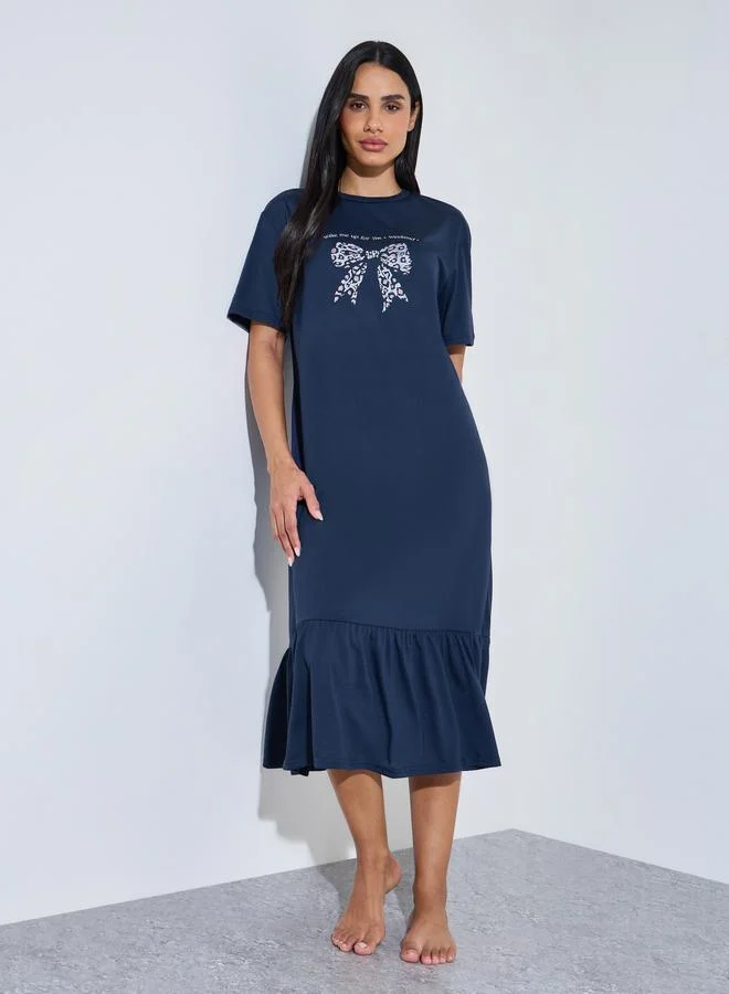 Styli Navy Blue Leopard Bow Print Ruffled hem Sleep T-Shirt Dress