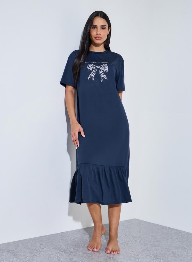 Styli Navy Blue Leopard Bow Print Ruffled hem Sleep T-Shirt Dress - Image 1
