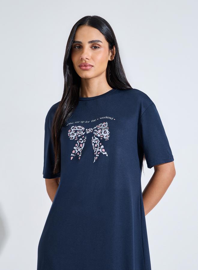 Styli Navy Blue Leopard Bow Print Ruffled hem Sleep T-Shirt Dress - Image 2