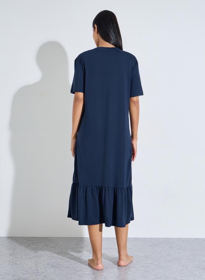 Styli Navy Blue Leopard Bow Print Ruffled hem Sleep T-Shirt Dress - Image 4