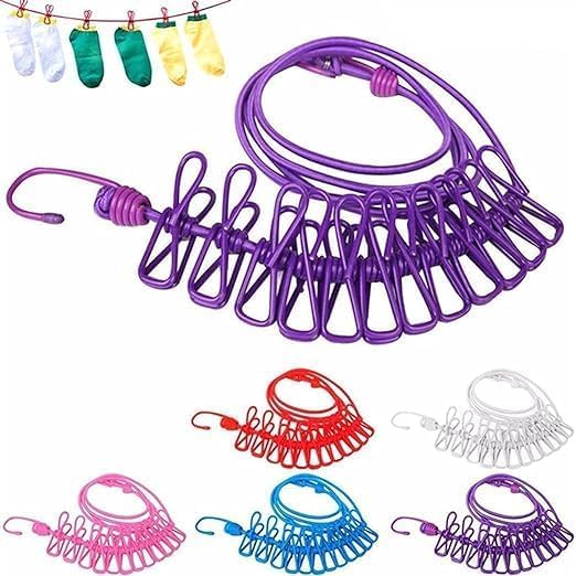 Melgoza Cloth Drying Rope with Hooks 12 Clips Elastic Clothesline for Drying Clothes Travel Laundry Hanging Rope Portable Outdoor Clothesline for Balcony Camping Indoor Home Use - Image 1