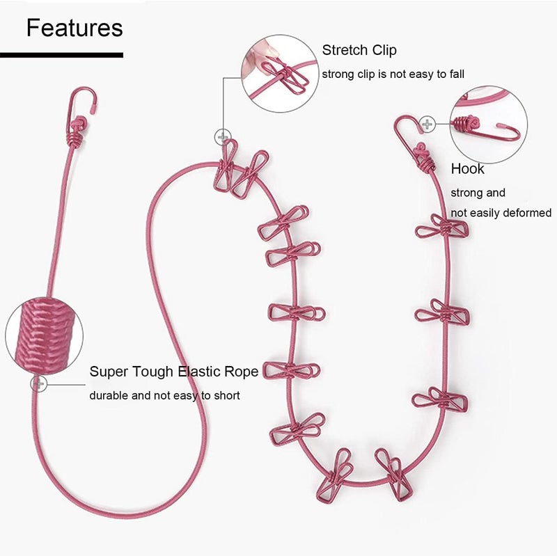 Melgoza Cloth Drying Rope with Hooks 12 Clips Elastic Clothesline for Drying Clothes Travel Laundry Hanging Rope Portable Outdoor Clothesline for Balcony Camping Indoor Home Use - Image 2