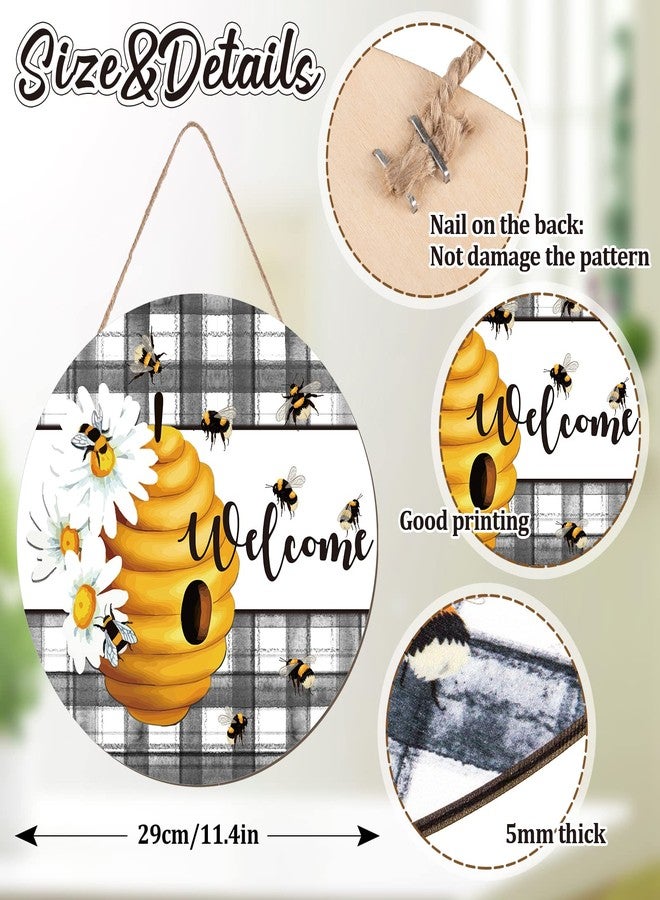 وولاين لافتة ترحيبية خشبية معلقة بنقشة مربعات ريفية وزهرة الأقحوان، مثالية لتزيين باب المنزل الأمامي أو كديكور ريفي أنيق. مناسبة لفصلي الربيع والصيف، واليوم العالمي للنحل، وللمنازل والمكاتب والمقاهي والمنازل الريفية. - Image 2