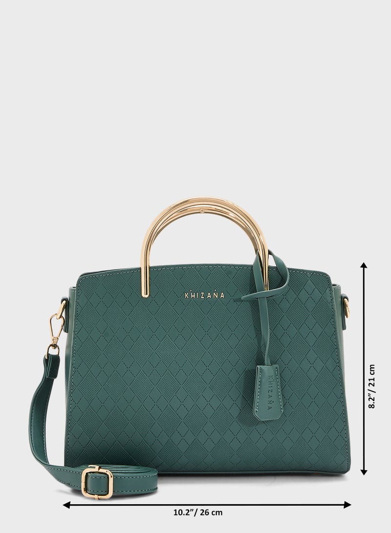 Metal Handle Textured Satchel Bag