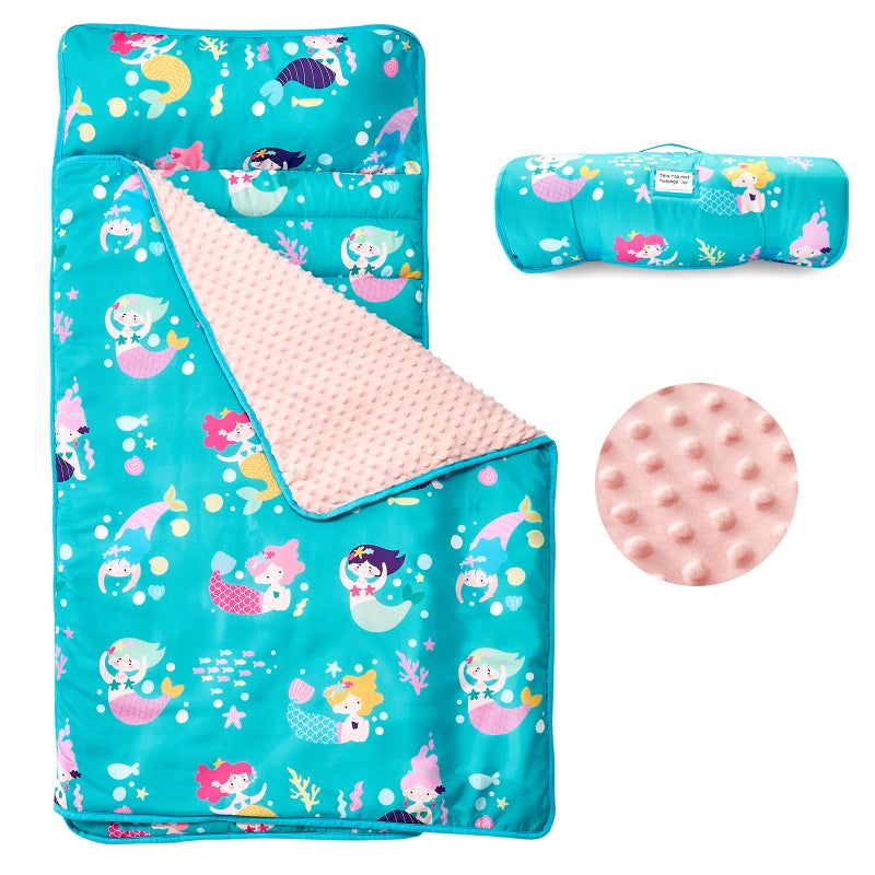 beeweed Toddler Nap Mat Rollup Design Kid Sleeping Mat with Removable Pillow Minky Blanket Toddler Sleeping Bag for Daycare Preschool Travel Camping Mermaid