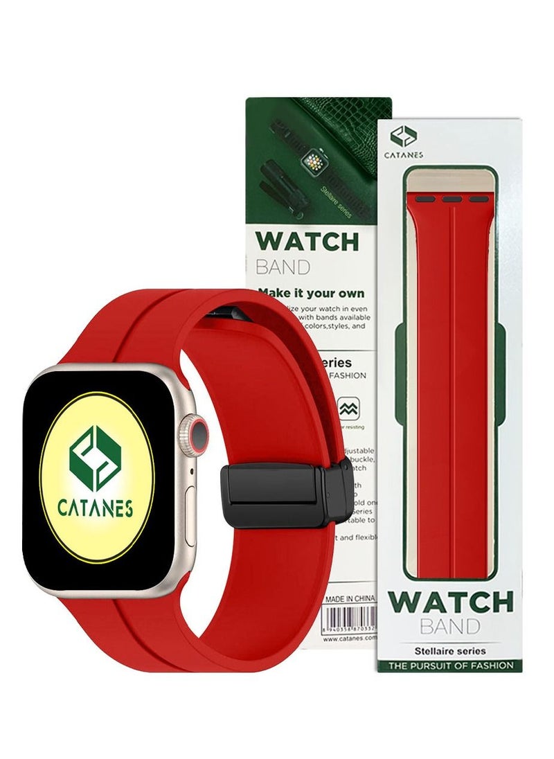 CATANES - Apple Watch Band 42mm 44mm 45mm 49mm Magnetic Band D-buckle Silicone Sport Strap Replacement Wrist Band Red - Image 1