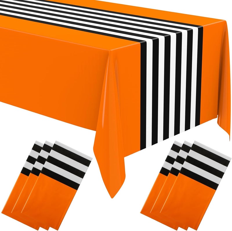 Oudain 6 Pcs Striped Tablecloth 108 x 54 Inch Rectangle Table Cover Disposable Plastic Table Cloth Waterproof Tablecloth Plastic Table Cover for Birthday Wedding Bridal (Red White Orange) - Image 1
