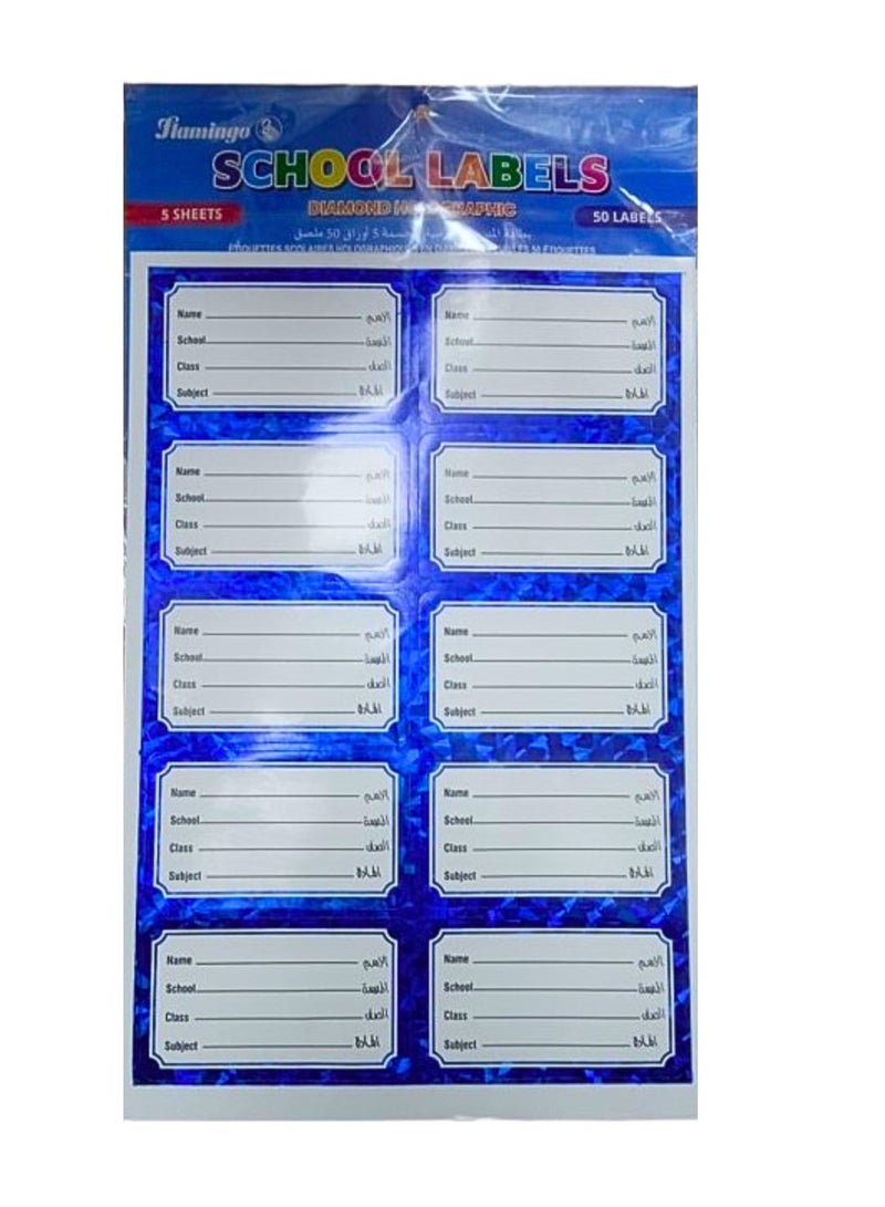 Flamingo Schools Labels Diamond Holographic 5 Sheets 50 labells - Image 1