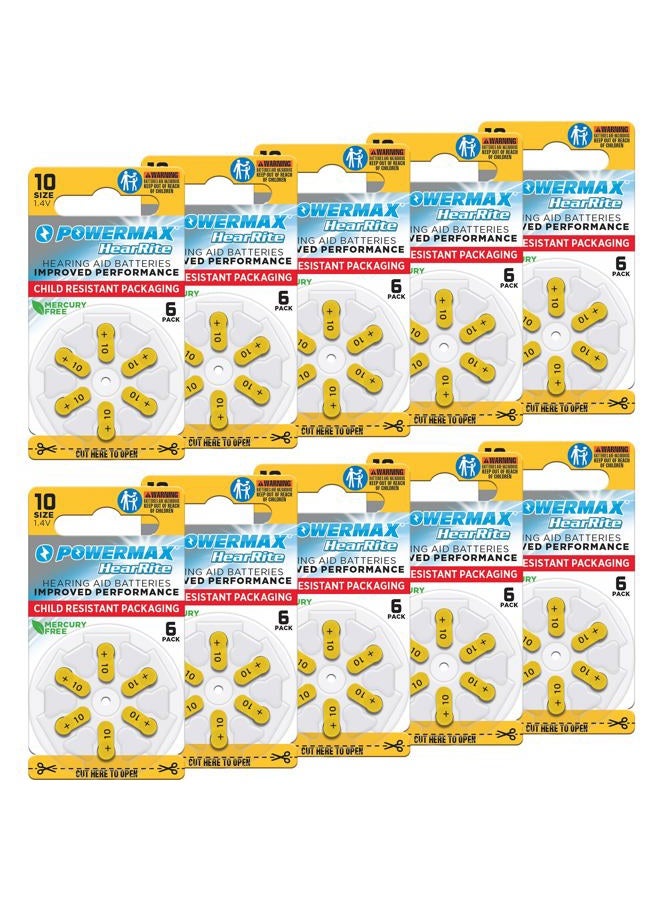 PowerMax بطاريات سماعات الأذن بحجم 10، 60 حبة، عبوة بطارية طويلة الأمد، علامة صفراء طويلة لتسهيل التغيير - Image 1