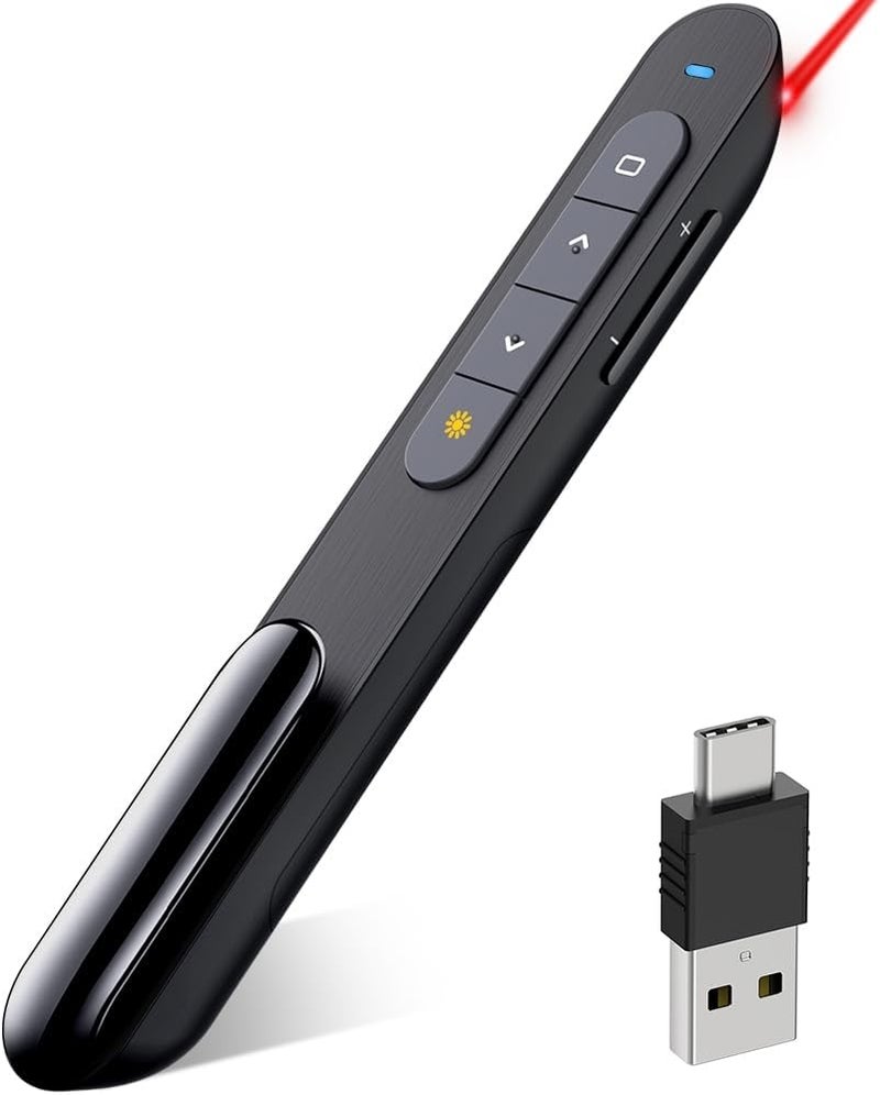 DinoFire USB Type C Wireless Presenter Remote Presentation Clicker,Volume Control PowerPoint Clicker with Red Pointer Long Range PPT Slide Advancer for Mac Laptop PC Computer - Image 1