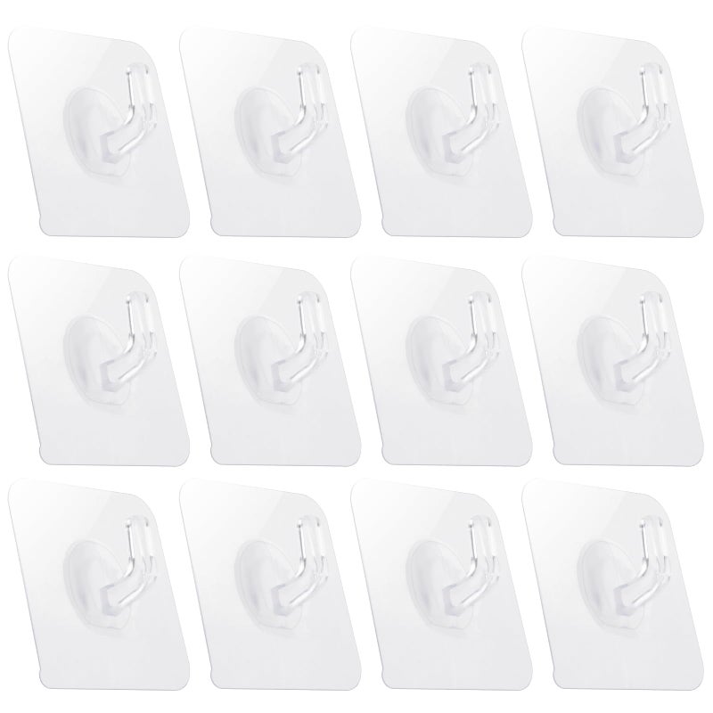 COMNICO 12 Pack Adhesive Hooks Clear Plastic Waterproof Heavy Duty Sticky Wall Ceiling Door Window Pothook Home Kitchen Bathroom Shower Office for Hanging Hat Towel Picture Coats 12