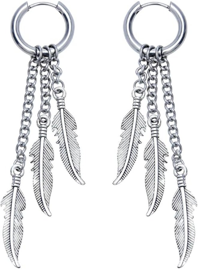 Stainless Steel Feather Chain Earrings for Men Women Sliver Gold Black Punk Long Dangle Earrings Set Lightweight Fashion Party Birthday Jewelry - Image 1