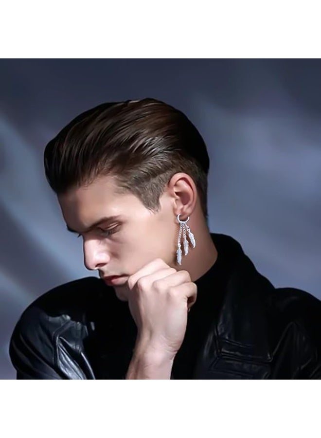 Stainless Steel Feather Chain Earrings for Men Women Sliver Gold Black Punk Long Dangle Earrings Set Lightweight Fashion Party Birthday Jewelry - Image 3